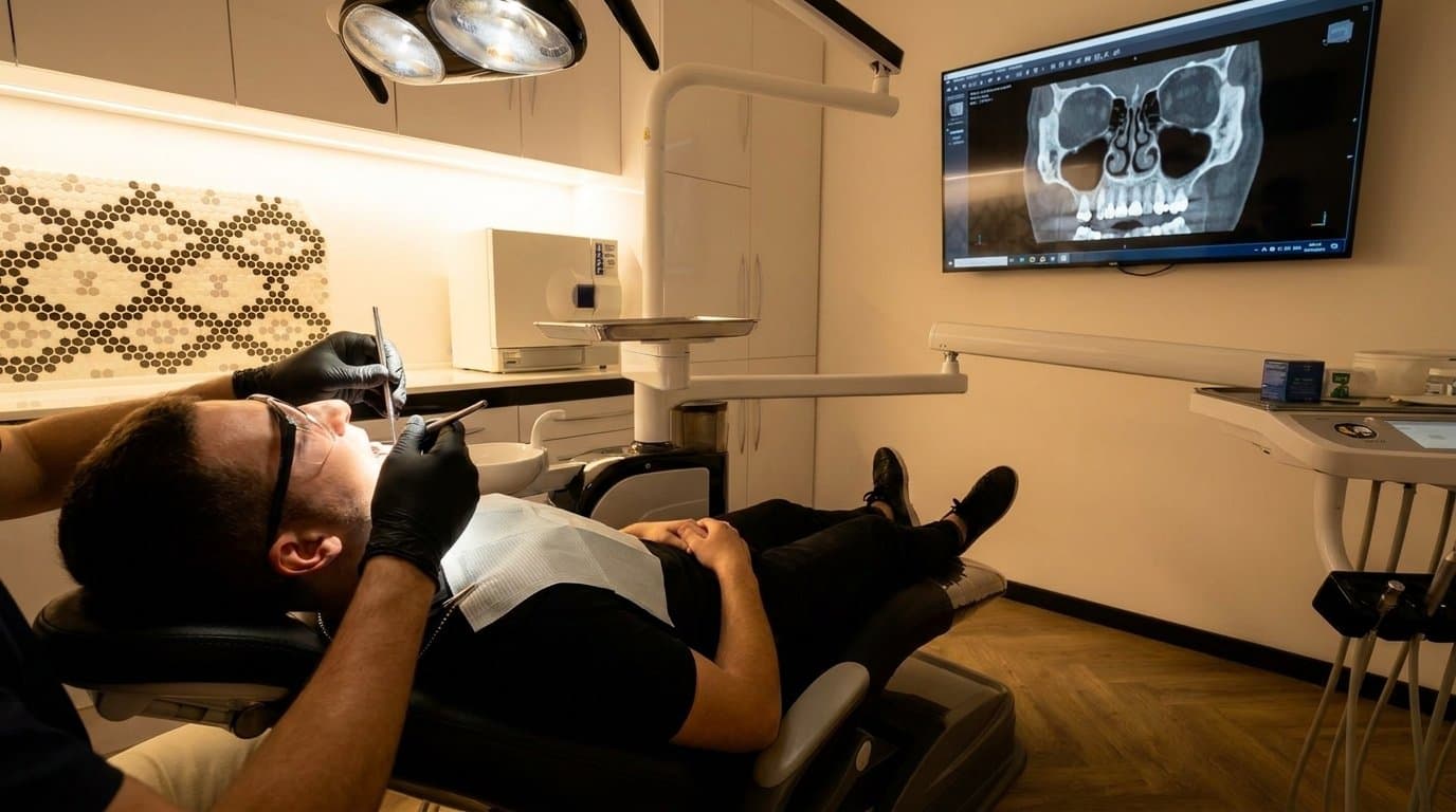 טיפול במרפאת Doctor B באשקלון לצד צילום CT של הסינוסים על המסך – הרמת סינוס סגורה